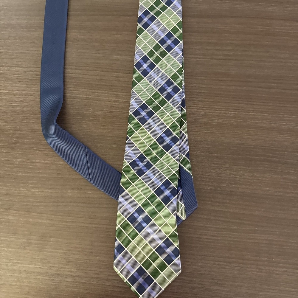 Mens Brothers & Yorks Plaid Necktie Blue Green White Silk Blend Dress Tie - Picture 1 of 4